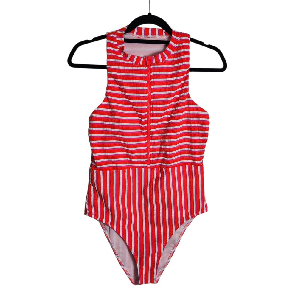 Splendid Striped Smocked High Neck Zip Front One Piece Swimsuit Red Pink L